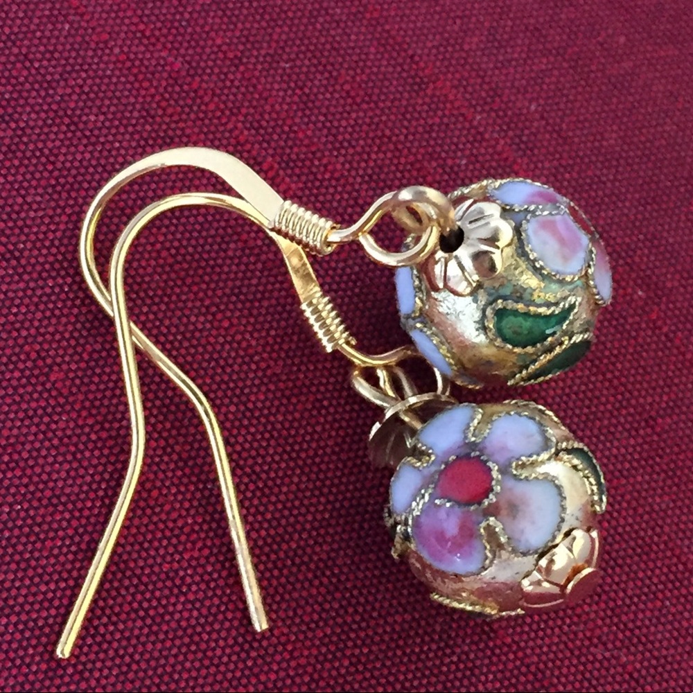 Vintage 1980s Cloisonne Gold Plated Earrings